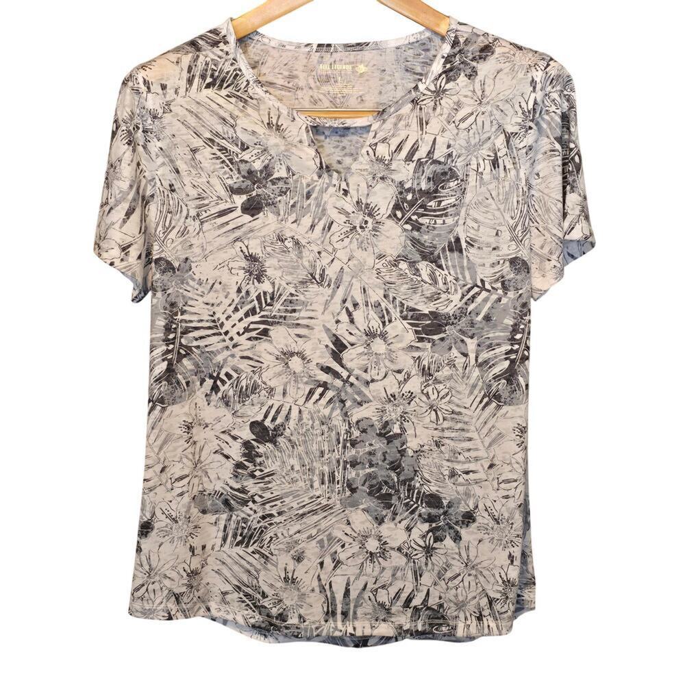 Reel Legends Top Womens Large Short Sleeve White Black Floral Print Lightweight